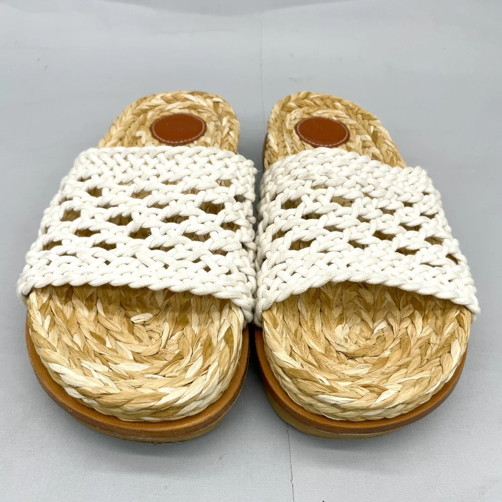 Chloe Wavy Crochet Slides Womens 38 7.5 Woven Raffia Sandals White Boho Coastal - Picture 4 of 11